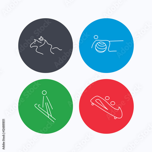 Pilates, bobsled and horseback riding icons. Ski jumping linear sign. Linear icons on colored buttons. Flat web symbols. Vector