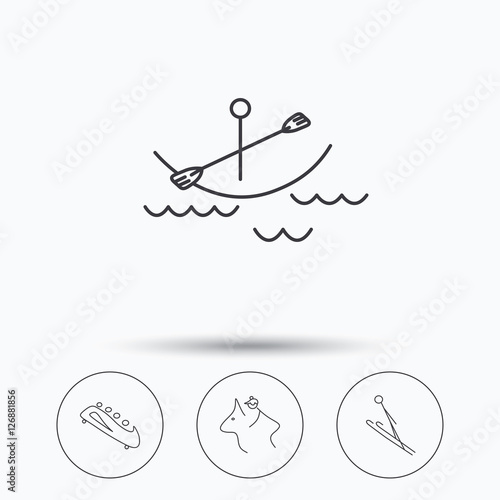 Boating, horseback riding and bobsled icons. Ski jumping linear sign. Linear icons in circle buttons. Flat web symbols. Vector