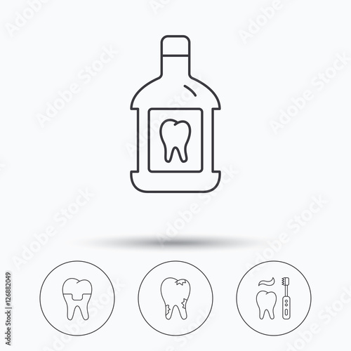 Caries, dental crown and mouthwash icons. Brushing teeth linear sign. Linear icons in circle buttons. Flat web symbols. Vector