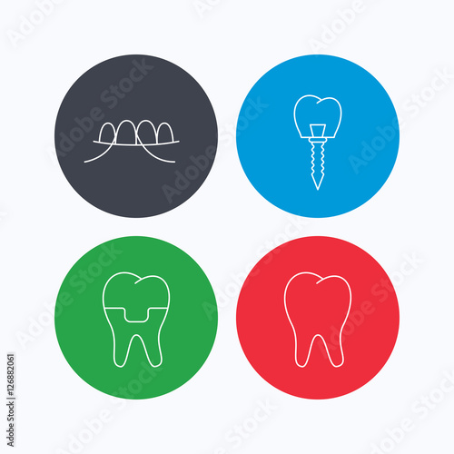 Dental implant, floss and tooth icons. Dental crown linear sign. Linear icons on colored buttons. Flat web symbols. Vector