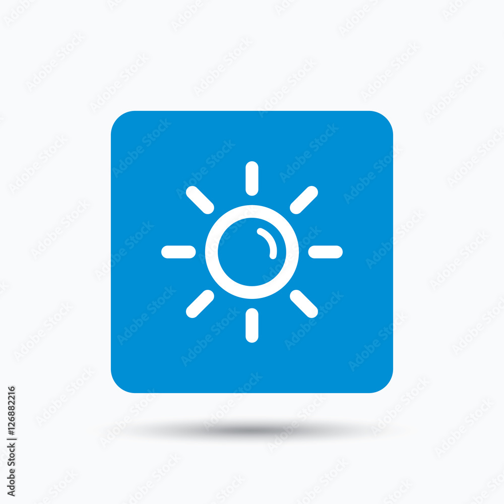 Sun icon. Sunny weather symbol. Blue square button with flat web icon. Vector Sun icon. Sunny weather symbol. Blue square button with flat web icon. Vector