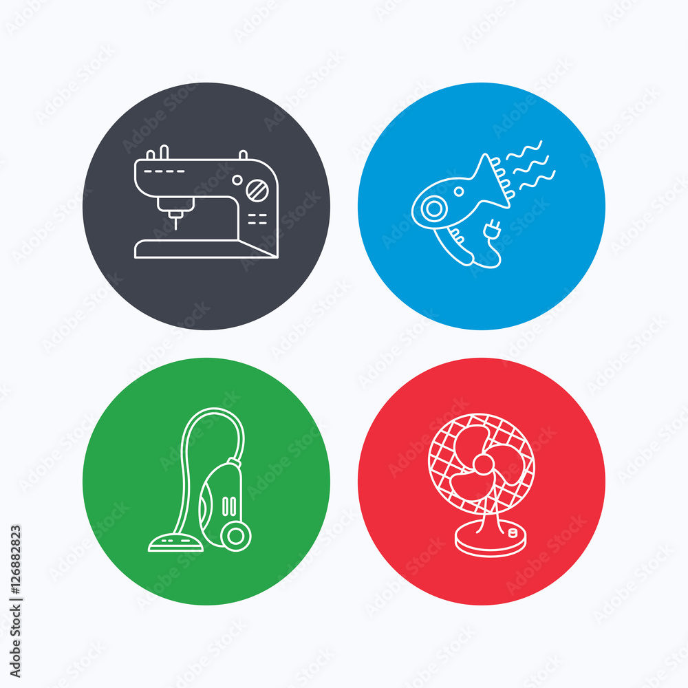 Fototapeta premium Ventilator, sewing machine and hairdryer icons. Ventilator linear sign. Linear icons on colored buttons. Flat web symbols. Vector