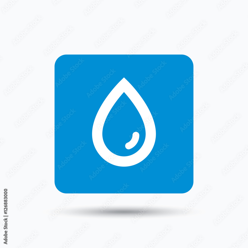 Water drop icon. Natural aqua symbol. Blue square button with flat web icon. Vector Water drop icon. Natural aqua symbol. Blue square button with flat web icon. Vector