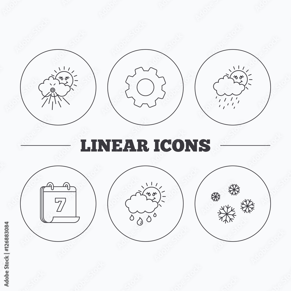 Snowflakes, sun and rain icons. Wind linear sign. Flat cogwheel and calendar symbols. Linear icons in circle buttons. Vector