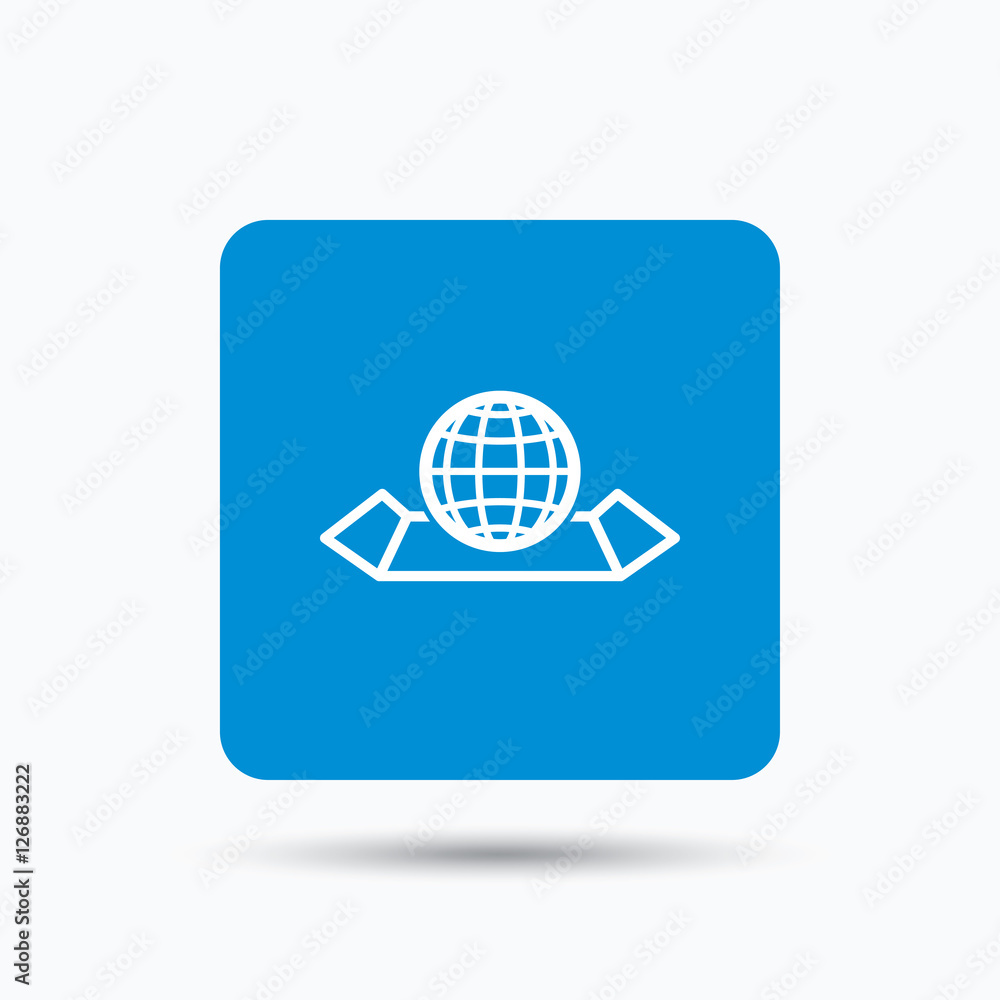 World map icon. Globe sign. Travel location symbol. Blue square button with flat web icon. Vector World map icon. Globe sign. Travel location symbol. Blue square button with flat web icon. Vector