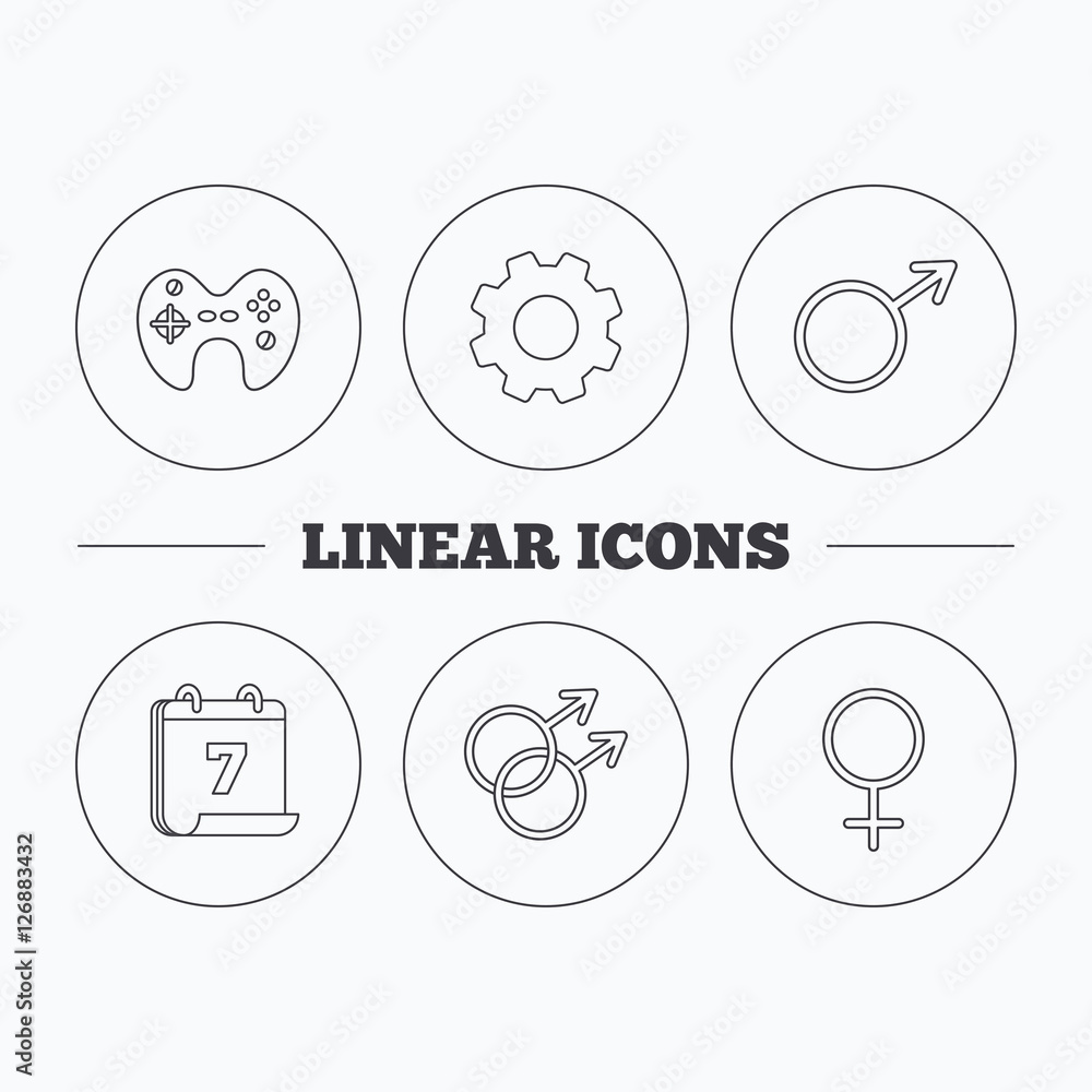 Male, female and game joystick icons. Gay love linear signs.  Flat cogwheel and calendar symbols. Linear icons in circle buttons. Vector