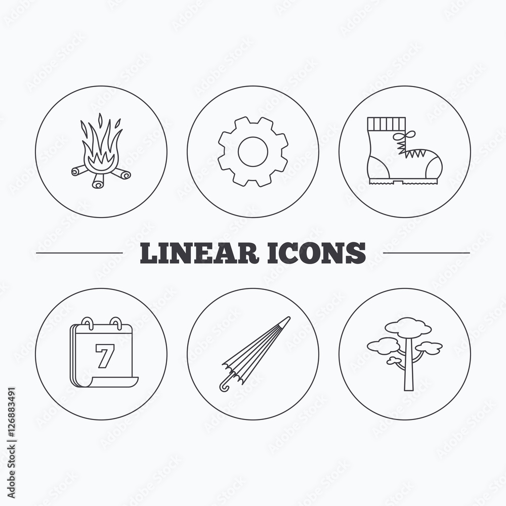 Pine tree, bonfire and hiking boots icons. Umbrella linear sign. Flat cogwheel and calendar symbols. Linear icons in circle buttons. Vector Pine tree, bonfire and hiking boots icons. Umbrella linear sign. Flat cogwheel and calendar symbols. Linear icons in circle buttons. Vector