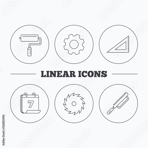 Triangular rule, paint roller and fretsaw icons. Circular saw linear sign. Flat cogwheel and calendar symbols. Linear icons in circle buttons. Vector