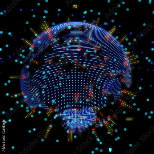 Mondo globo astratto, ologramma, mappa del mondo, particelle