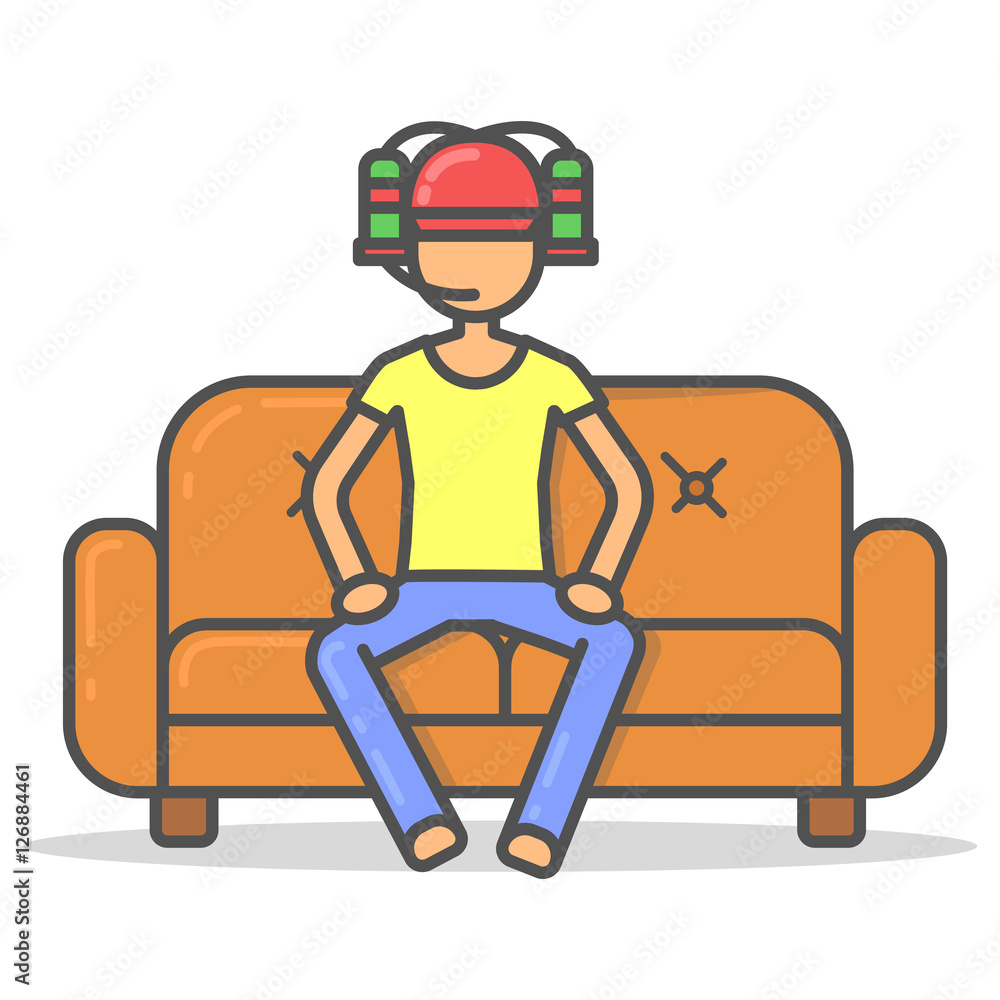 Man watching a sports match on couch with a beer helmet in room flat style. Vector character on sofa line illustration. Man watching a sports match on couch with a beer helmet in room flat style. Vector character on sofa line illustration.