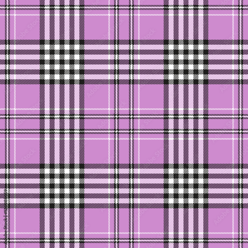 Seamless tartan plaid pattern in pink, white & black. Traditional checkered  design print. Plaid fabric texture background. Stock Vector
