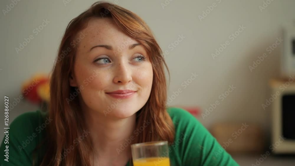 CU Young Woman Drinking Orange Juice and Smiling CU Young Woman Drinking Orange Juice and Smiling
