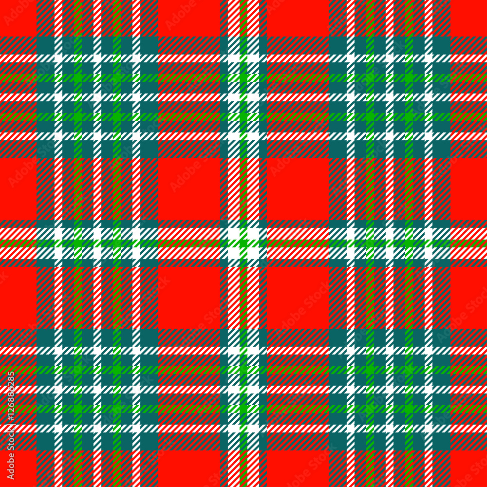 Seamless tartan plaid pattern in Christmas color palette of red, green &  white. Traditional checkered design print. Plaid fabric texture background.  Stock Vector