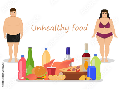 Vector cartoon female male obesity. Unhealthy food