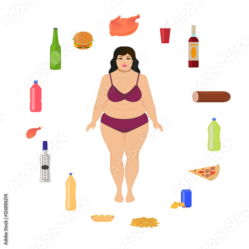 Vector cartoon fat woman and unhealthy food