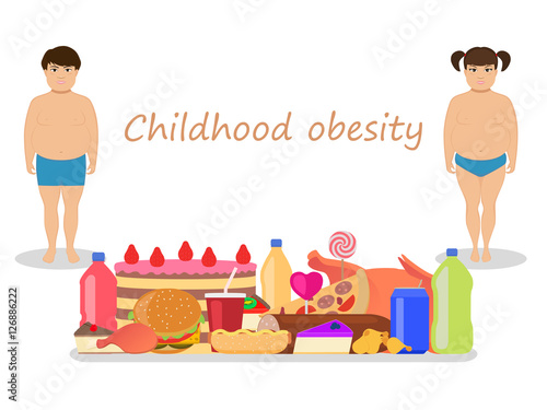 Vector cartoon childhood obesity. Children obese