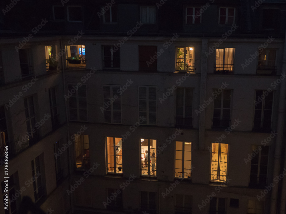 apartment rear window at night, Paris, France