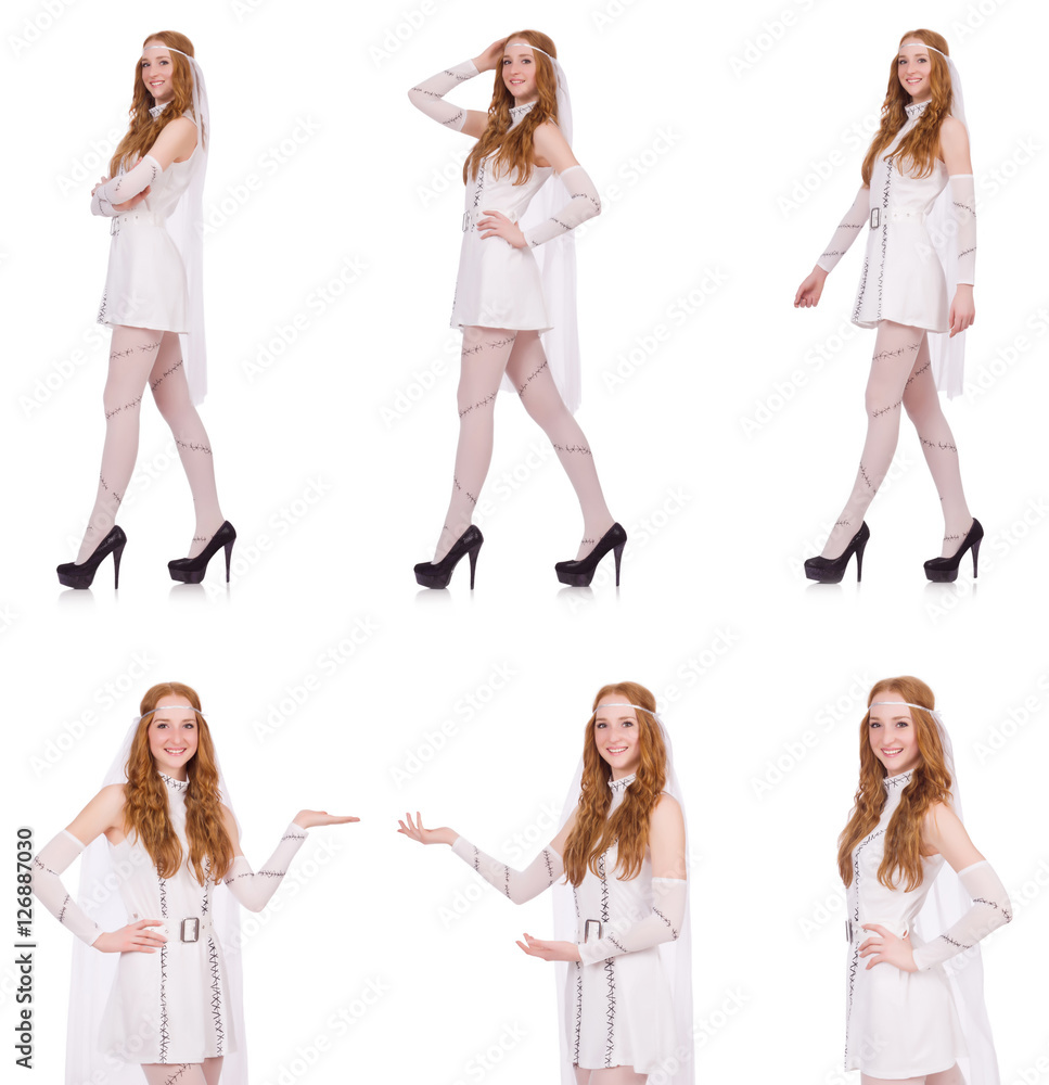 Pretty lady in light charming dress isolated on white Pretty lady in light charming dress isolated on white