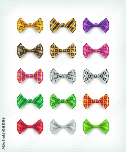 Bow ties icons collection. Different color and pattern necktie vector illustrations