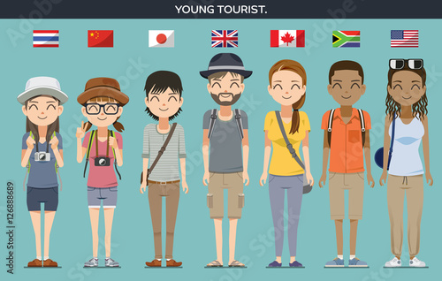 International character no.1. Cartoon young tourist, student set. Identity of various foreigner people.