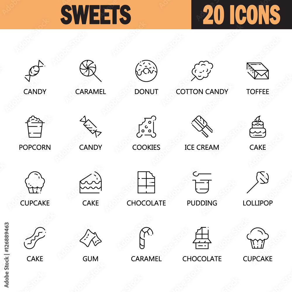 Sweets food flat icon set for web design.