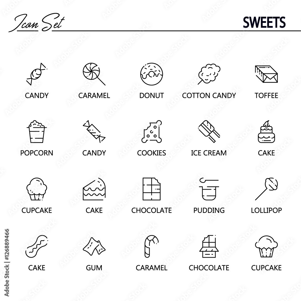 Sweets food flat icon set for web design.