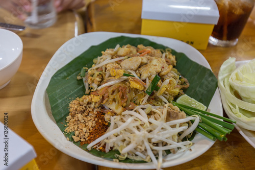 Stir-fried rice noodles pad thai on banana leaves