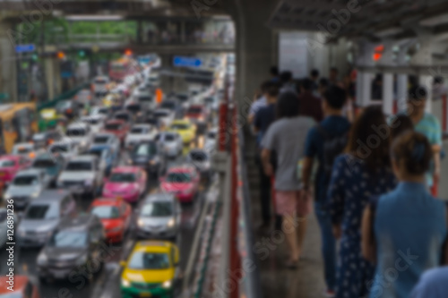 Blurred background skywalk and heavy traffic at Bts Siam Square.