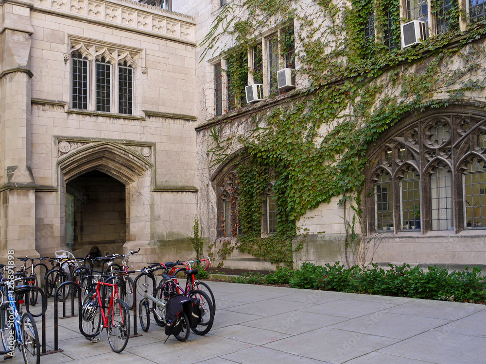 bicycle rack in quadrangle of college campus with ivy covered building