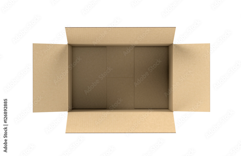 Rendering of opened light beige cardboard mail box, isolated on the white background