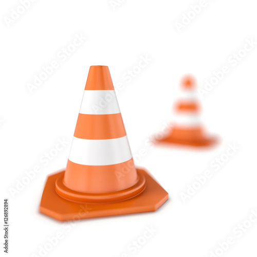 Rendering of close-up traffic cone and one standing in the distance with bokeh effect, isolated on the white background.