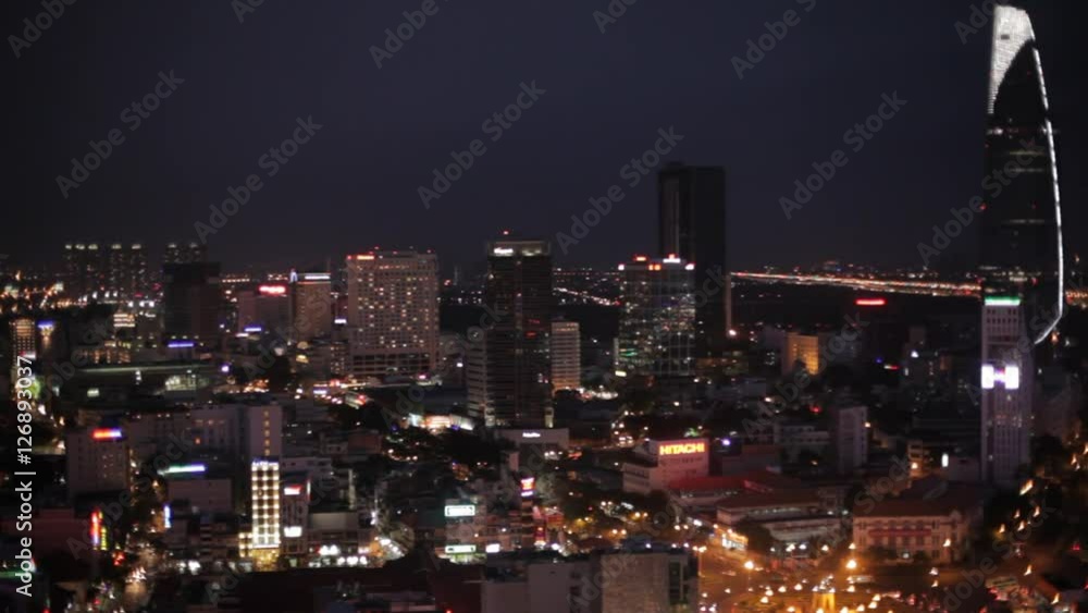 WS HA PAN Cityscape with Bitexco Financial Tower in Background at Night / Ho Chi Minh, Vietnam WS HA PAN Cityscape with Bitexco Financial Tower in Background at Night / Ho Chi Minh, Vietnam