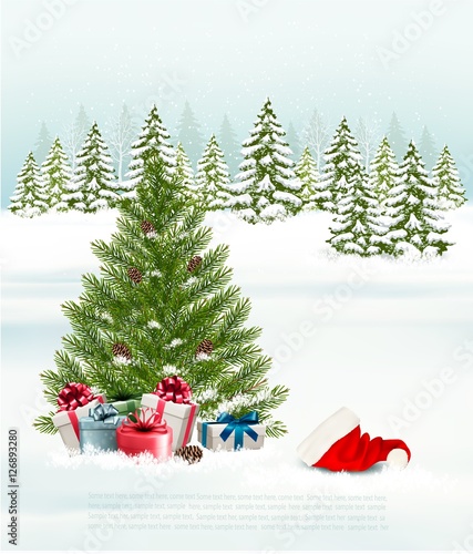 Winter background with a christmas tree, presents and a santa ha