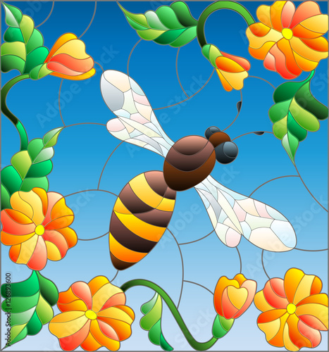 Illustration in stained glass style with bright bee against the sky  foliage and flowers