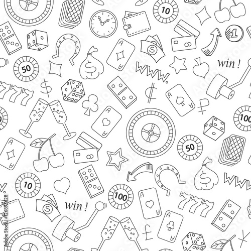 Seamless pattern on the theme of gambling and money simple contour icons on white background