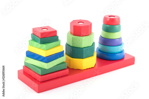 stack of many shape cube building blocks on white background , c