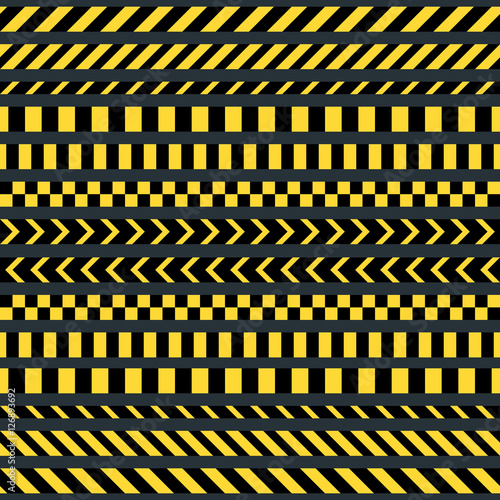 Vector set of seamless tapes. For restriction and dangerous zones. Yellow and black.