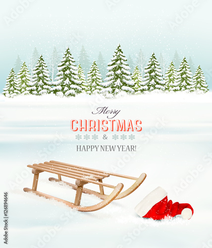 Winter Christmas background with a sleigh and a santa hat. Vecto