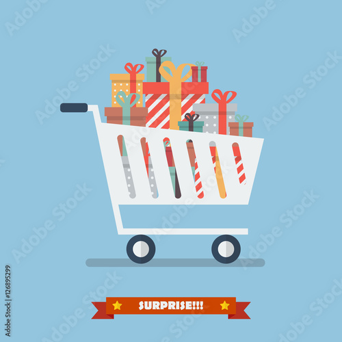 Shopping cart with piles of presents