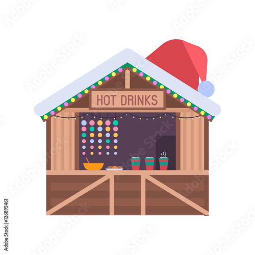 Christmas market stall with food and hot drinks. Xmas gift shop with garlands, souvenirs and santa hat on roof. Christmas wooden souvenir kiosk vector illustration.