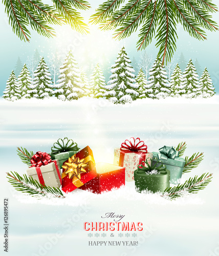 Christmas holiday background with presents and magic box. Vector