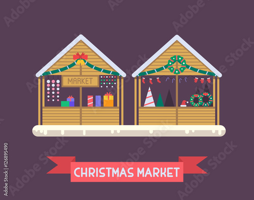 Christmas market stalls with New Year gifts. Xmas gift shops with garlands, souvenirs and decoration. Christmas fair wooden kiosks vector illustration.