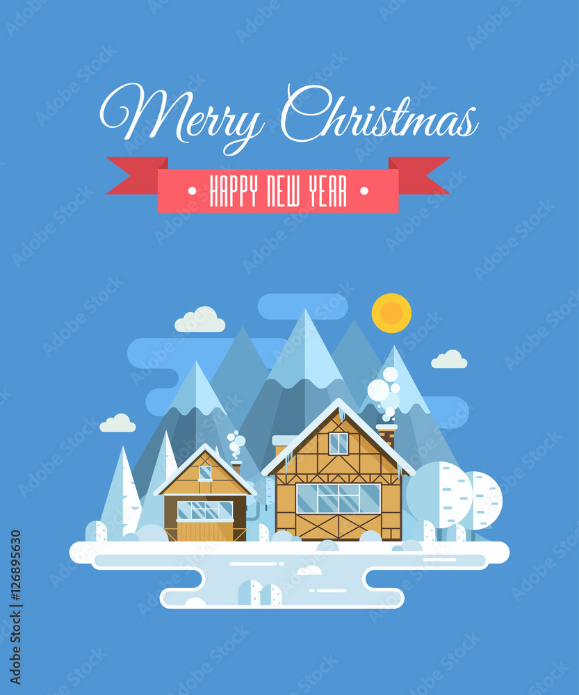 Vector Christmas wishing card with traditional celebrating text. Merry Christmas and Happy New Year greetings card with winter village background. Winter holidays congratulation template in flat.