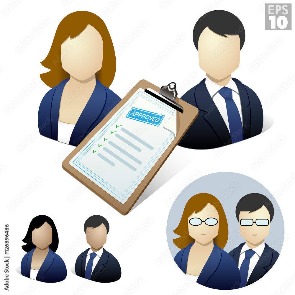 Business woman and man with approved resume on a clipboard, job application Business woman and man with approved resume on a clipboard, job application