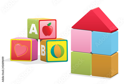 Baby building blocks, with ABC's, images, and blank cubes