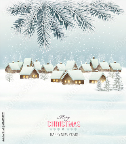 Winter christmas background with a snowy village landscape. Vect