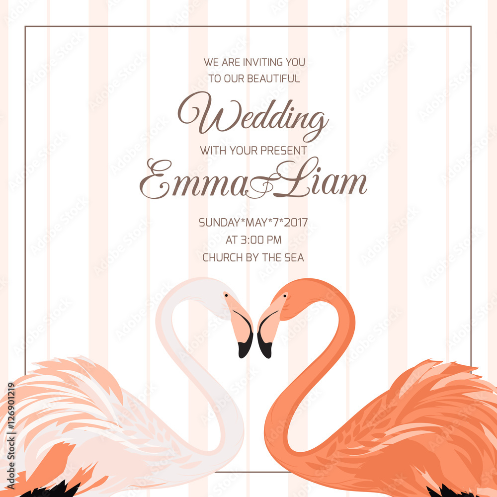 Fototapeta premium Wedding ceremony event invitation template. Exotic pink flamingo birds couple. Beal to beak. Heart shape. Mating season. Detailed vector design illustration on vertical stripes background.