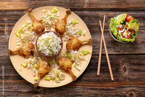 Chicken legs with sesame and leek rice