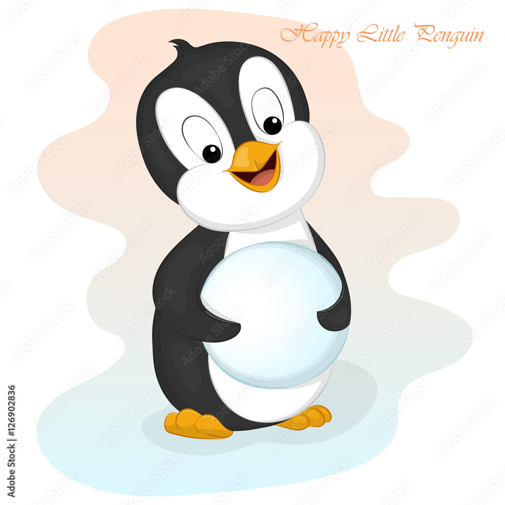 Fototapeta premium Funny and cute little penguin with snowball for snowman. Merry Christmas and Happy New year card. Christmas card in cartoon style. Vector illustration