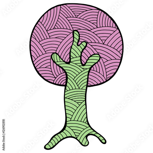 Vector hand drawn illustration, decorative ornamental stylized tree. Abstract graphic illustration isolated on the white background. Artistic drawing silhouette. Decorative  ornamental wood